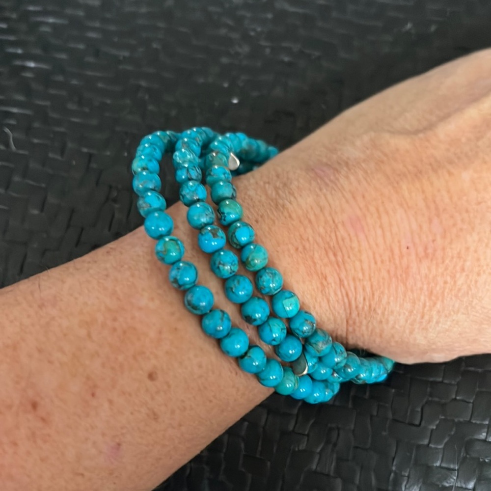 Set of three blue turquoise bangle bracelets. Slip on no stretch